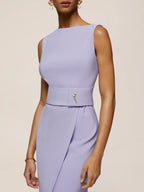 Lavender Purple Rhinestone Classic Boat Neck Sleeveless Sheath Midi Dress