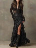 Black Faux Leather Corset Maxi Dress With Lace Sleeves
