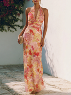 Rose Red Floral Bow Chiffon V Neck Sleeveless Sheath Floor-length Gown Dress