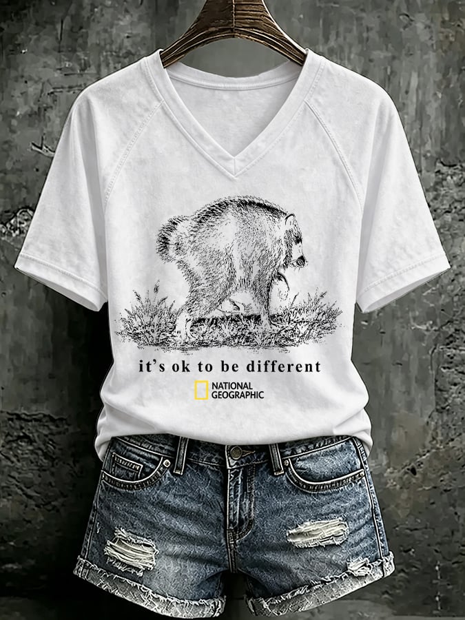 V Neck Retro Jimothy It's Ok To Be Different Print T-Shirt