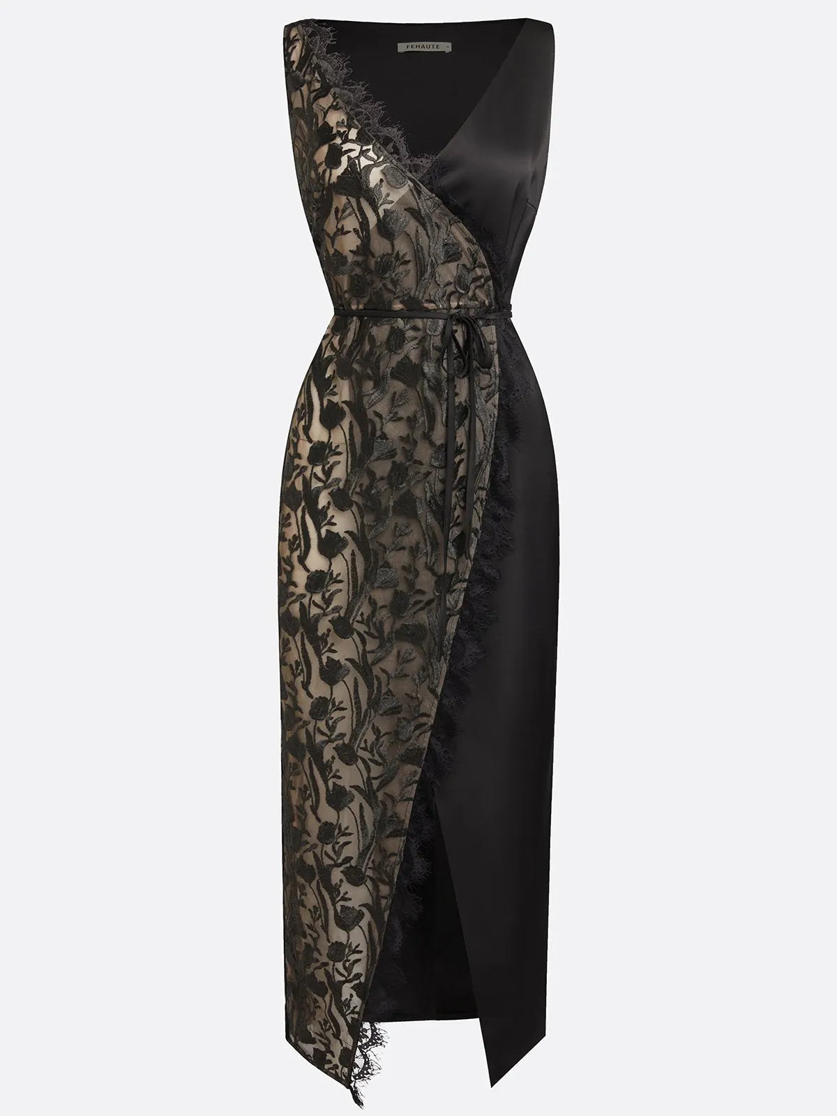 Black Lace Embroidery Sheer Mesh V Neck Sleeveless Wrap Sheath Maxi Dress