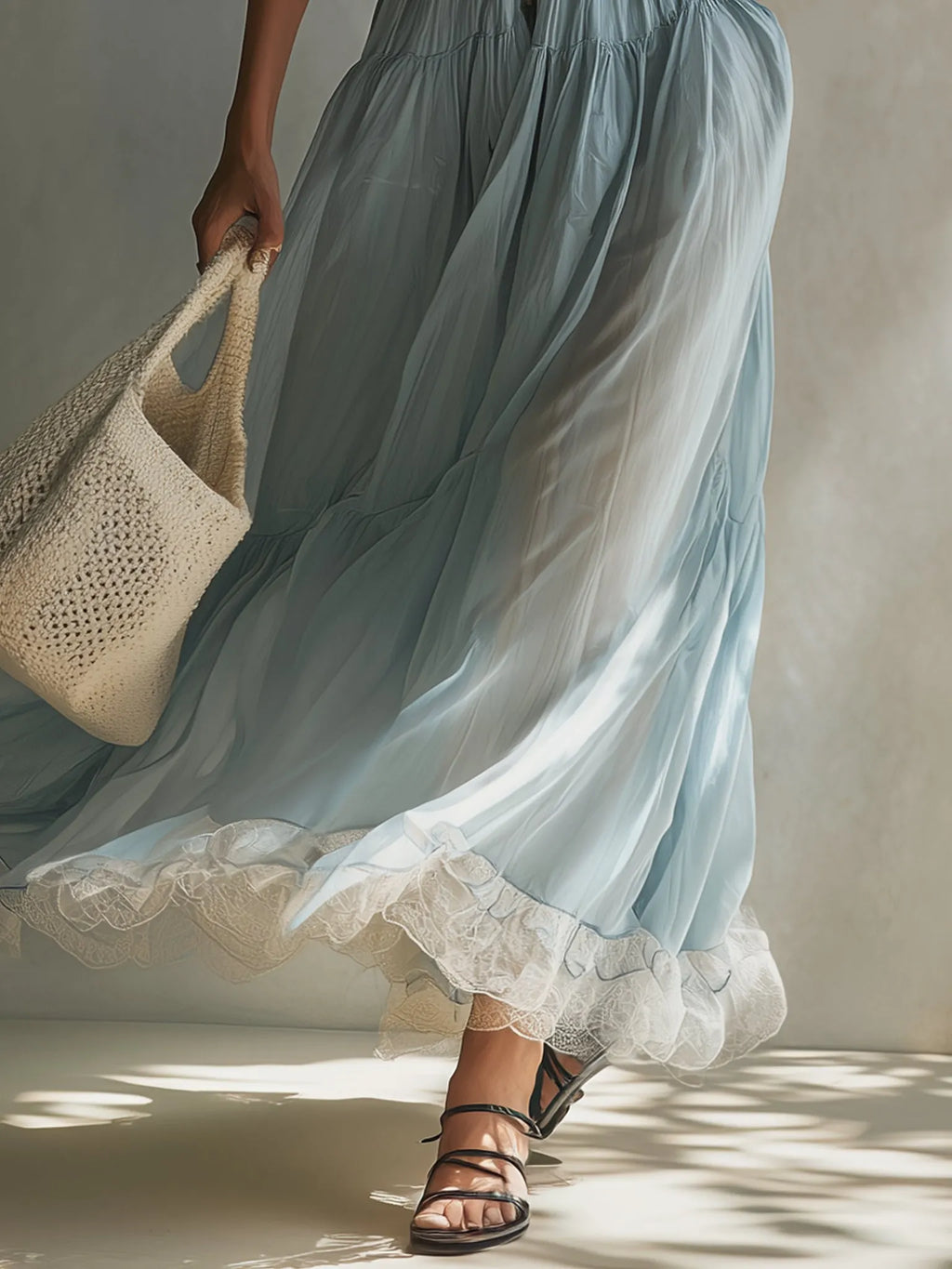 Blue Chiffon Lace Trim Sleeveless Maxi Dress