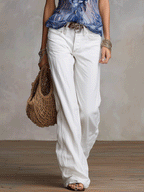 Effortless Boho Striped Ruffle Top & White Pants Outfit