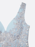Light Blue Sequin Lace Asymmetric Chiffon V Neck Sleeveless A-Line Maxi Dress