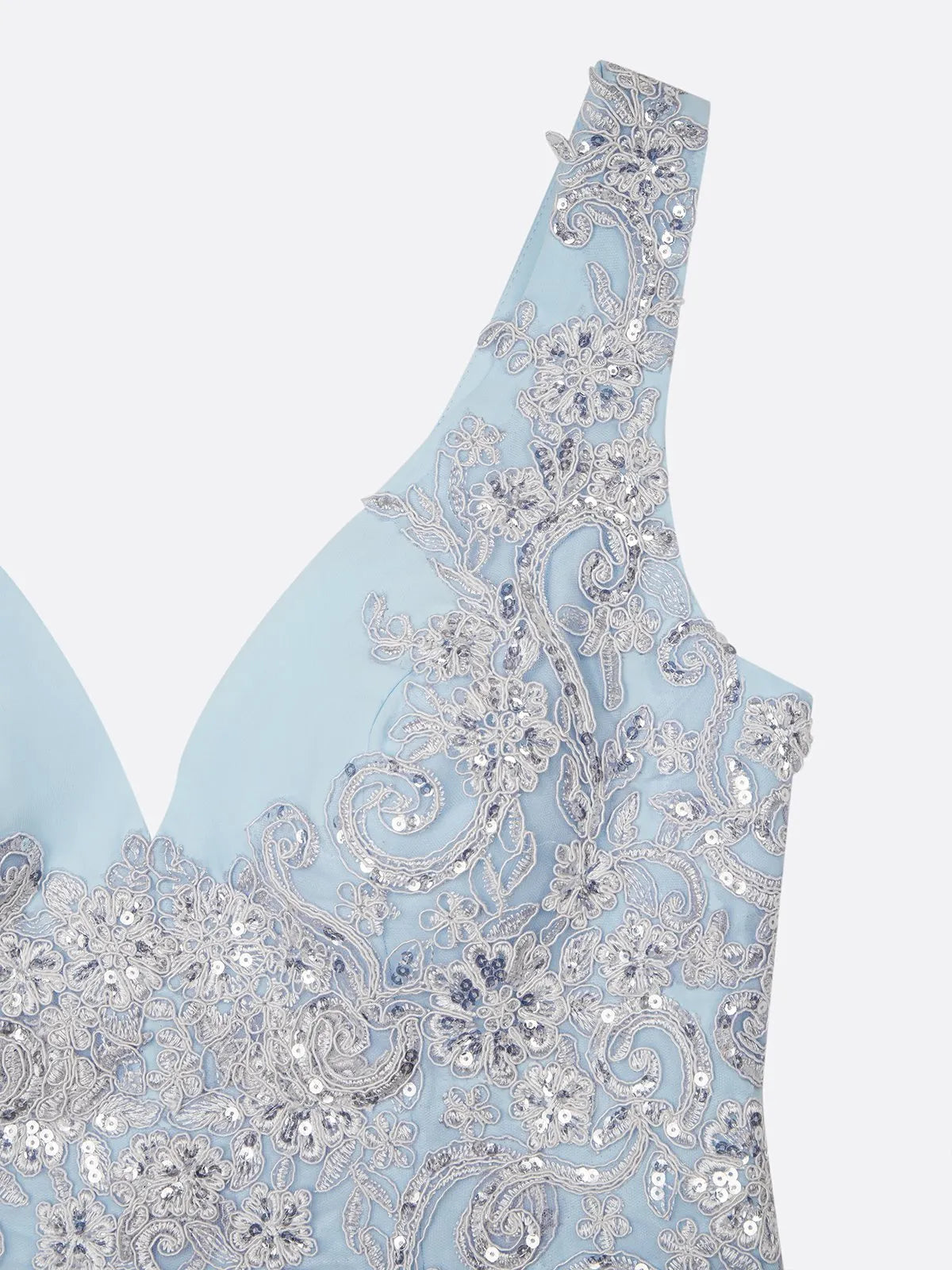 Light Blue Sequin Lace Asymmetric Chiffon V Neck Sleeveless A-Line Maxi Dress
