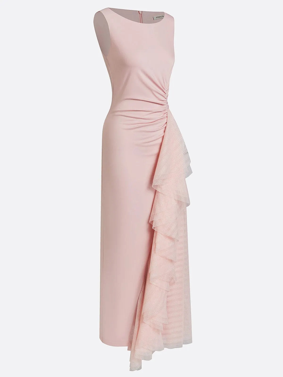 Pink Mesh Ruched Knit Boat Neck Sleeveless Sheath Maxi Dress