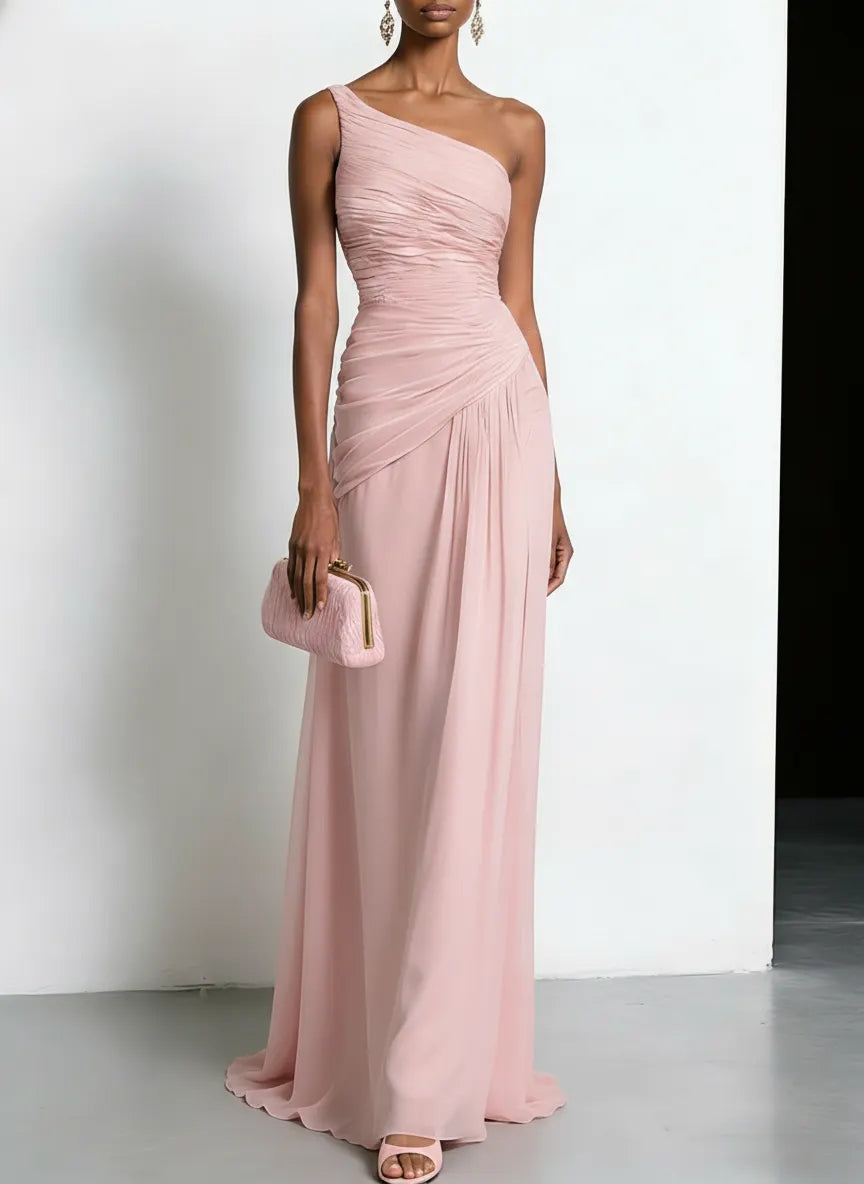 Pink Chiffon Removable 3D Floral Ruched Slit One Shoulder Sleeveless Sheath Gown Dress