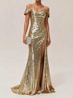 Blue Ruched Slit Sequin Off The Shoulder Short Sleeve Sheath Gown