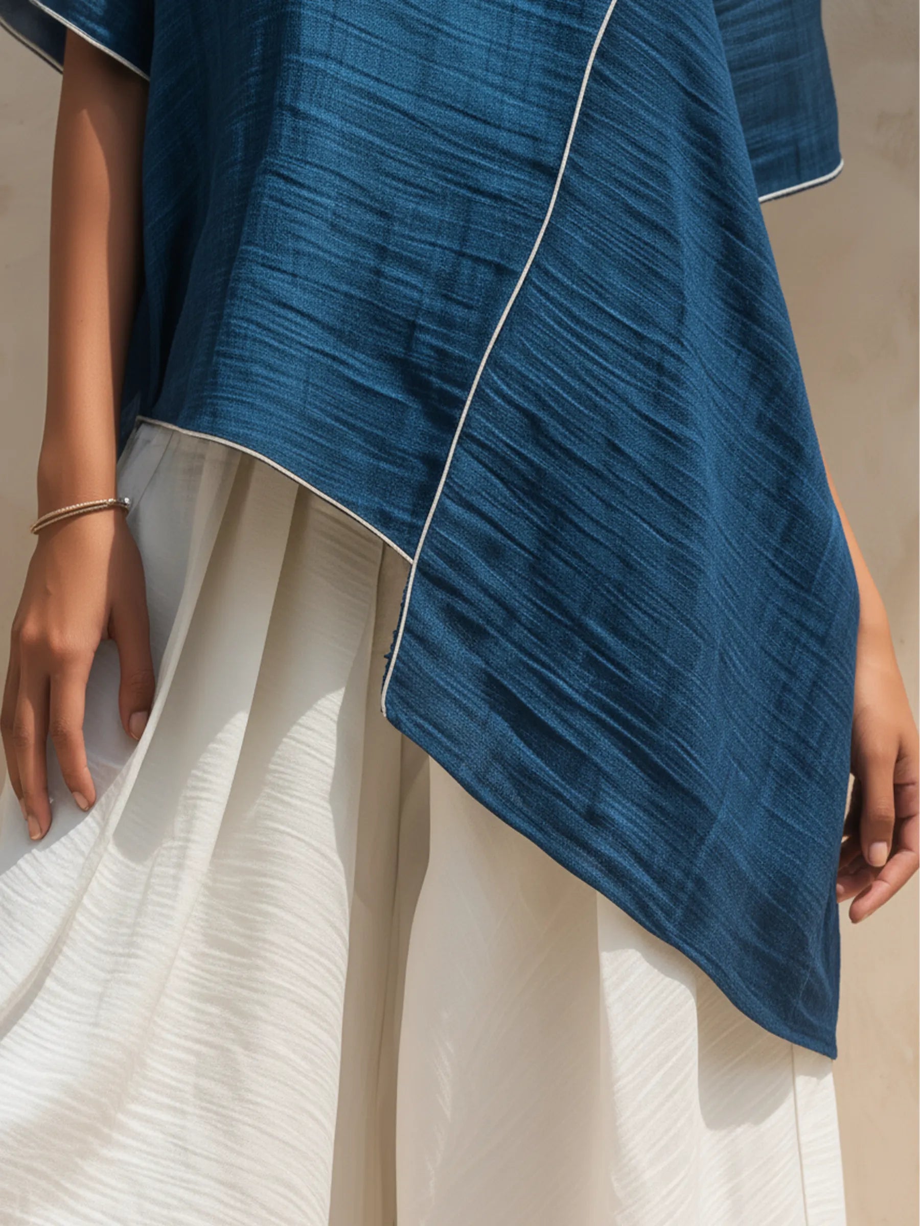 Blue Asymmetrical Top & White Wide-Leg Pants Two-Piece Set