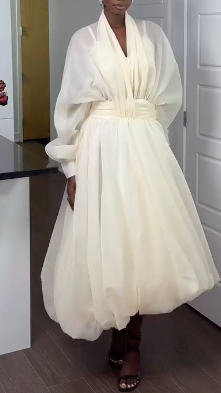 White Puff Sleeve Organza V Neck Belted Midi Balloon Dress