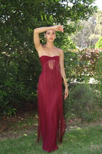 Burgundy Strapless Fringe Cut-Out Maxi Evening Gown