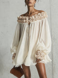 Cream 3D Floral Chiffon Zip Mini Dress