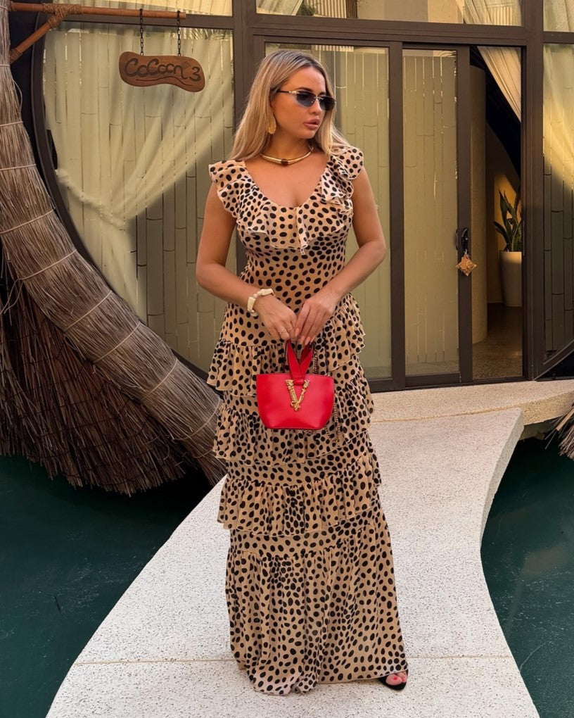 Wild Animal Print V-Neck Ruffle Split Maxi Dress