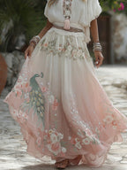 Women's Retro Elegant Peacock Floral Linen Blend Casual Midi Skirt