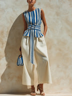 Blue & White Stripe Peplum Top & Wide-Leg Linen Pants Two-Piece Set