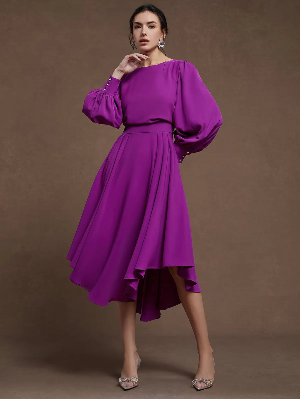 Rose Red Asymmetric Boat Neck Long Balloon Sleeve A-Line Midi Dress