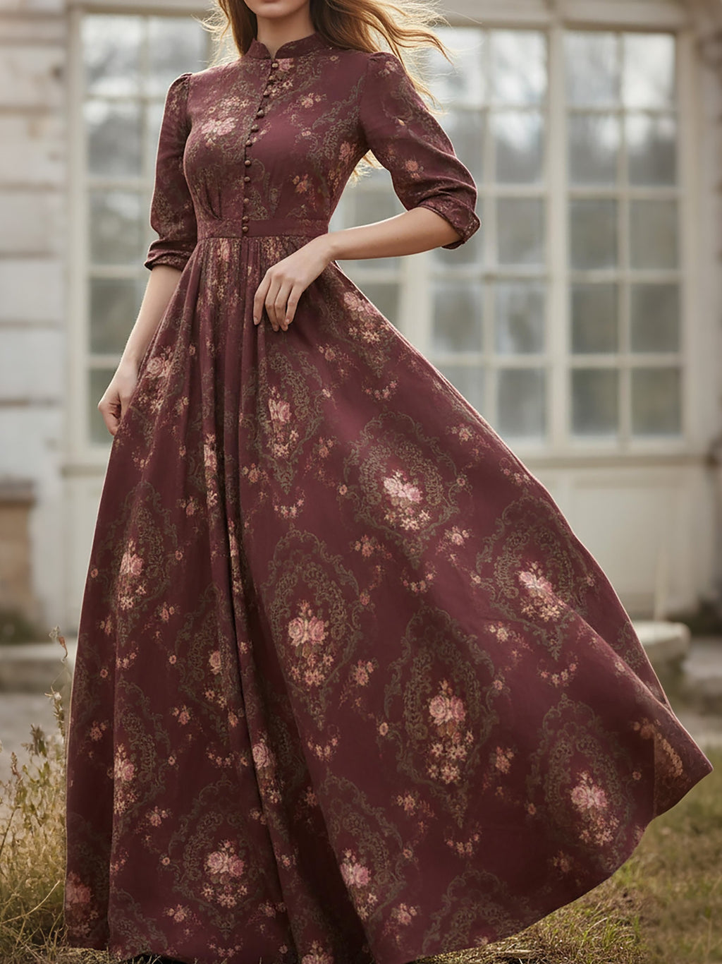 Maxi Linen Dress, Long Sleeves, Stand Collar, Floral, Button Design, Vintage, Red