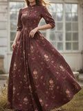 Maxi Linen Dress, Long Sleeves, Stand Collar, Floral, Button Design, Vintage, Red