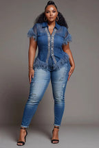 Plus Size Denim Fringe Rhinestone Top