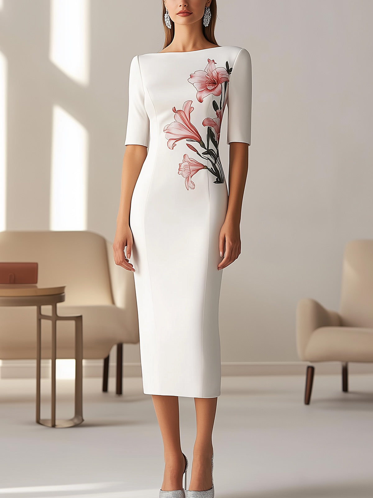 Chic White Midi Dress with Side Floral Embellishment
