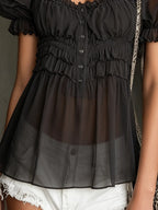 Black Sheer Puff Sleeve Blouse With Ruffled Bodice