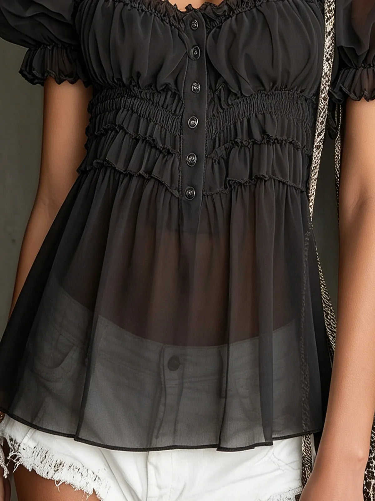 Black Sheer Puff Sleeve Blouse With Ruffled Bodice