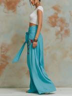 Turquoise Embroidered Wrap Waist Wide-Leg Palazzo Pants
