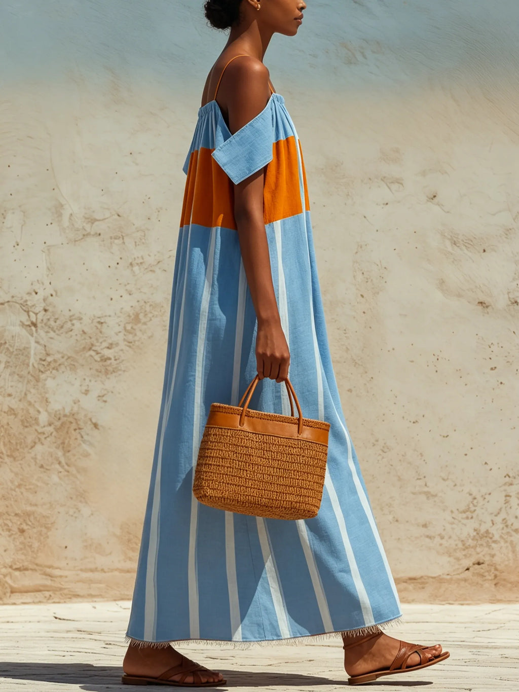 Blue & Orange Striped Off-Shoulder Maxi Dress