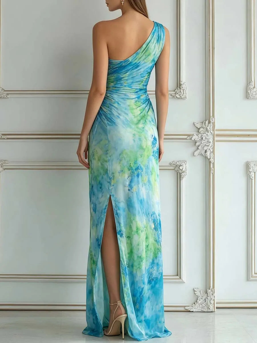 Blue Green Watercolor One-Shoulder Ruched Maxi Dress
