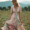 Bohemian Retro Countryside Style Plant Flower Design Women's Linen Dress