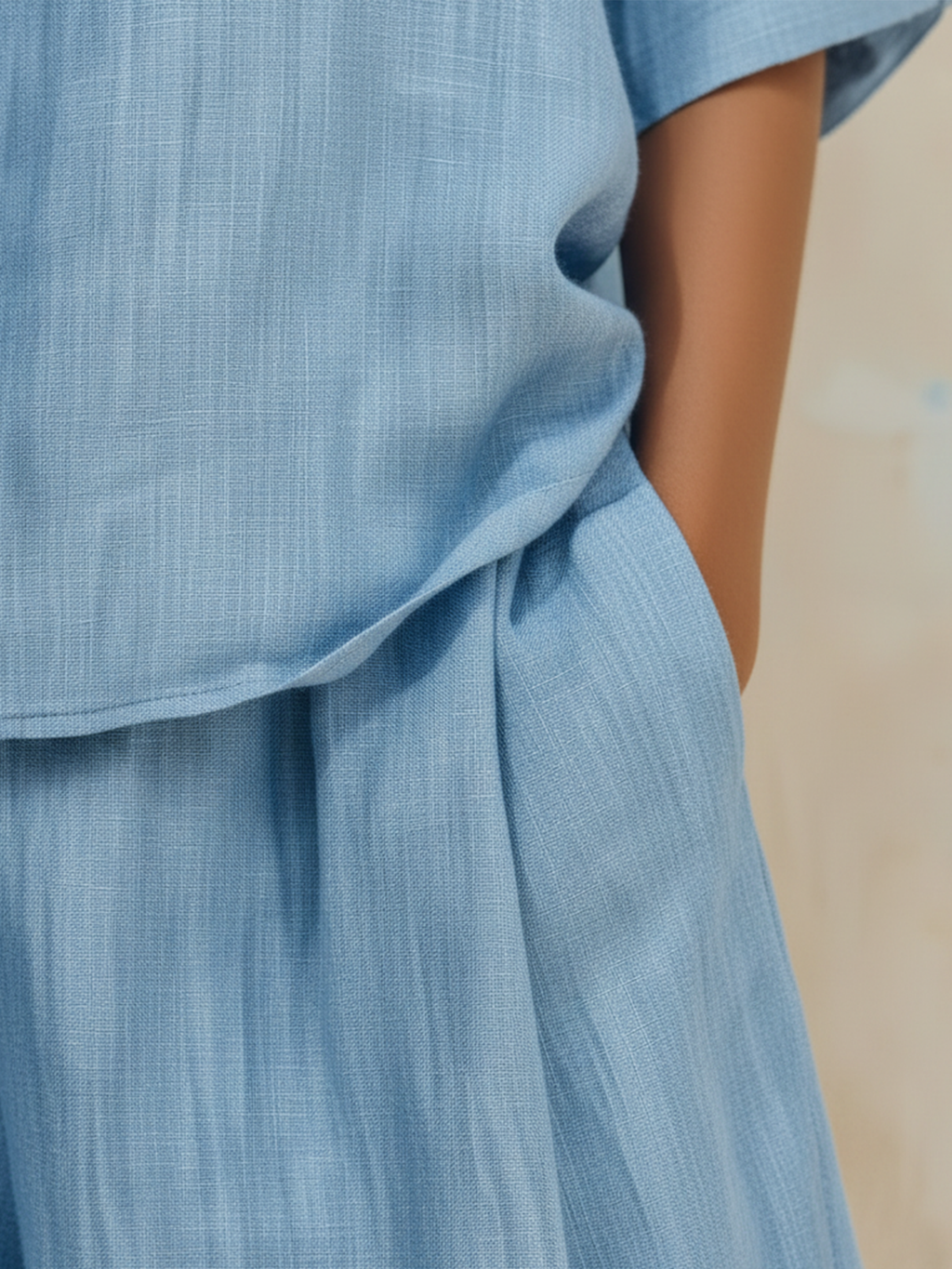Light Blue Denim Loungewear Set, Half Sleeve Top & Wide Leg Pants 2 Piece Outfit