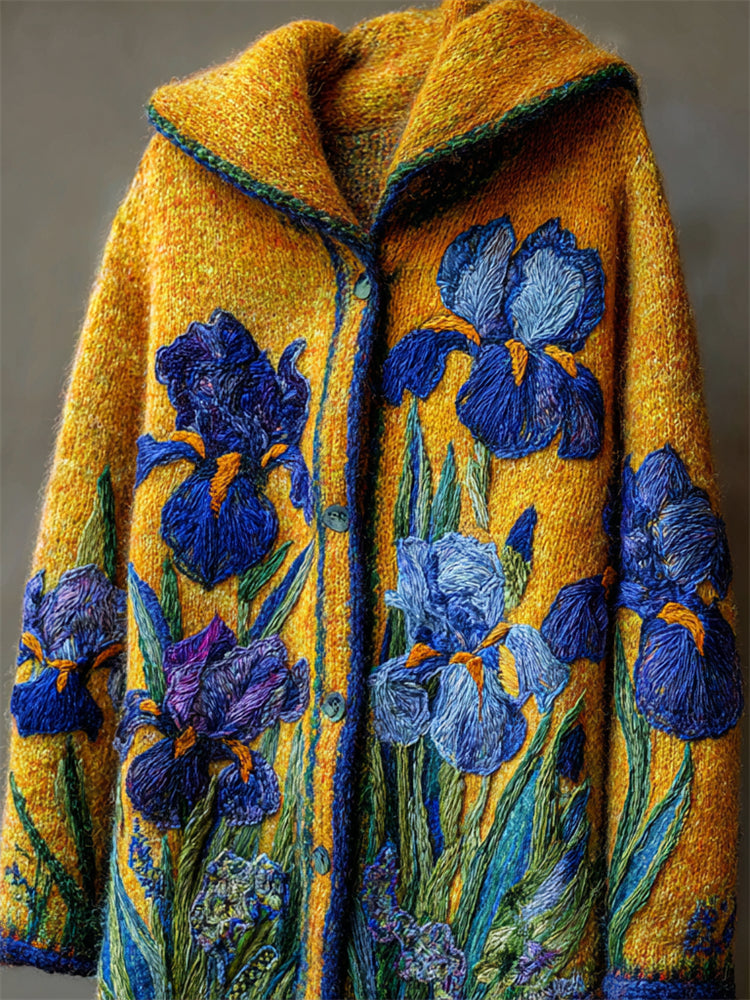 Vintage Irises Inspired Felt Embroidered Cozy Knit Hooded Cardigan