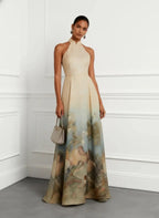 Light Khaki Floral Classic Halter Sleeveless A-Line Floor-length Gown Dress