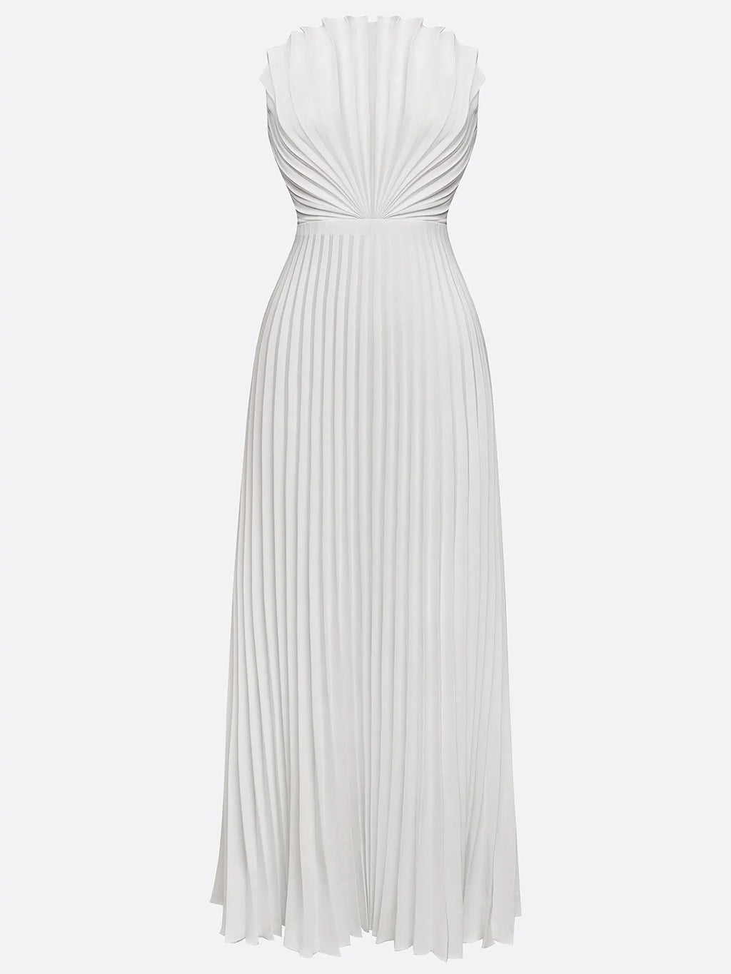 White Pleated Satin Strapless Sleeveless A-Line Maxi Dress