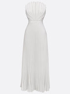 White Pleated Satin Strapless Sleeveless A-Line Maxi Dress
