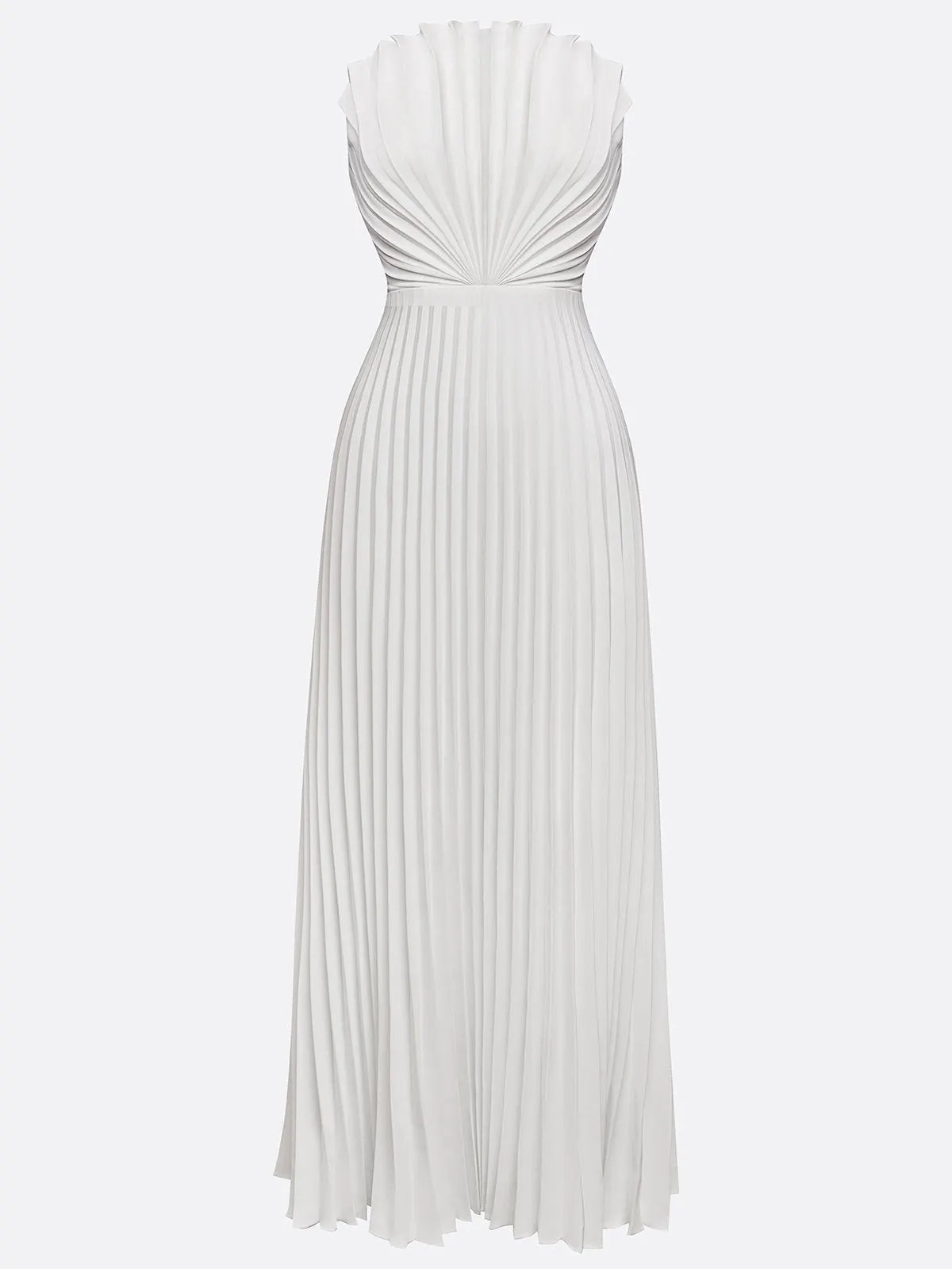 White Pleated Satin Strapless Sleeveless A-Line Maxi Dress