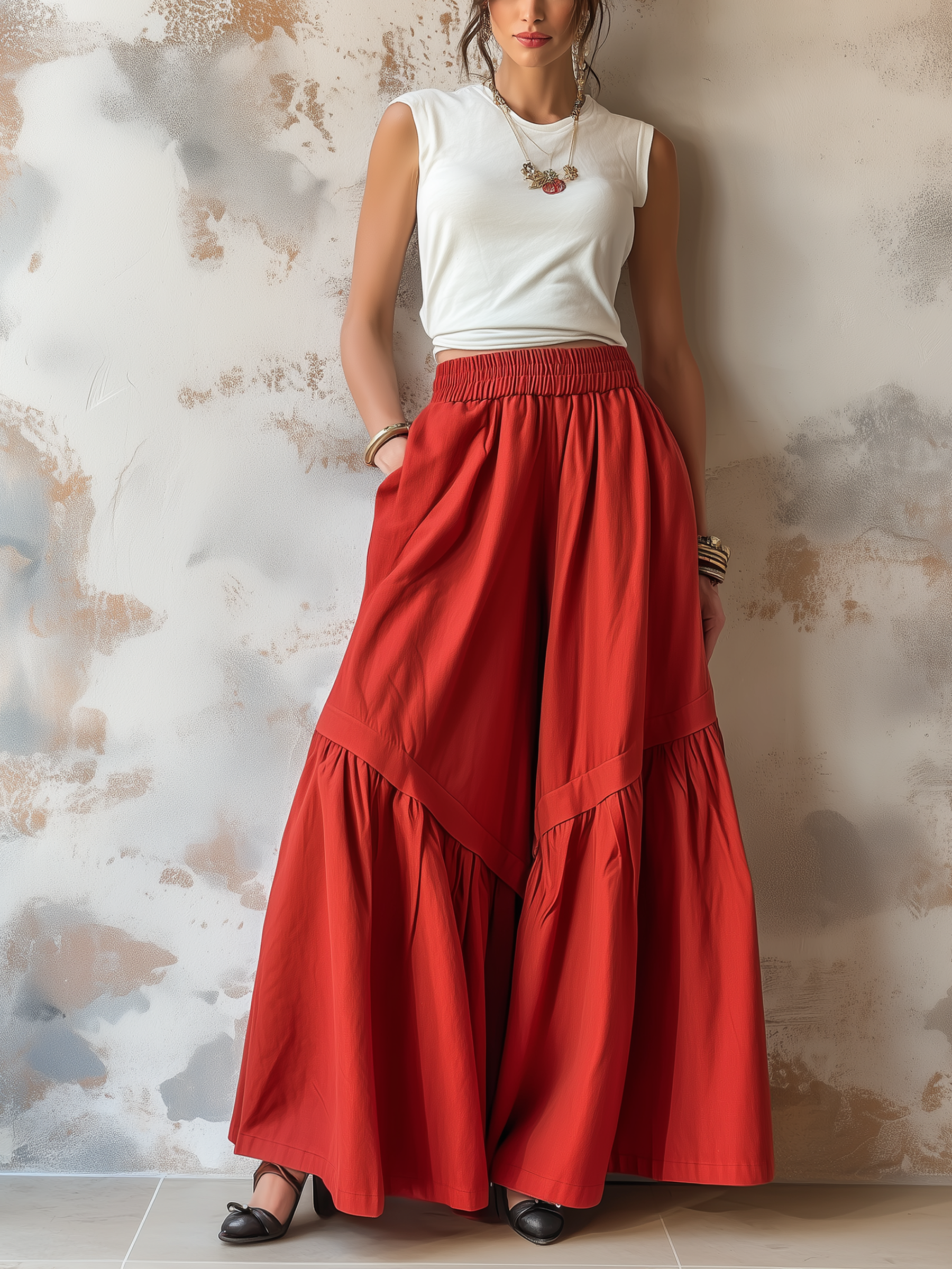 Red Tiered Wide-Leg Palazzo Pants With Elastic Waist & Pockets