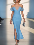 Sky Blue Satin Dress with Tulle Sleeve Detail