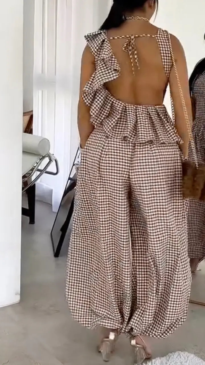 Brown Gingham Sleeveless Back Cutout Wide Leg Jumpsuit