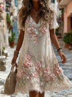 Women's Vintage Pink Flower Embroidery Art V Neck Short Sleeve Midi Dress