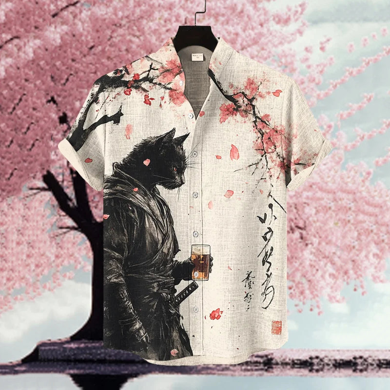 Men's Black Cat Warrior Under The Cherry Tree  Art Print Casual Shirt