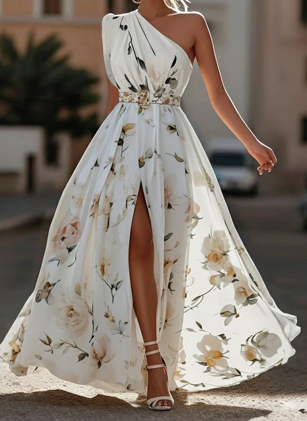 Lightgreen Ruched Slit Chiffon One Shoulder Sleeveless A-Line Floor-length Gown Dress