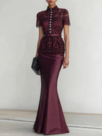 Wine Red Buckle Lace Classic Mock Neck Short Sleeve Mermaid Maxi Dress