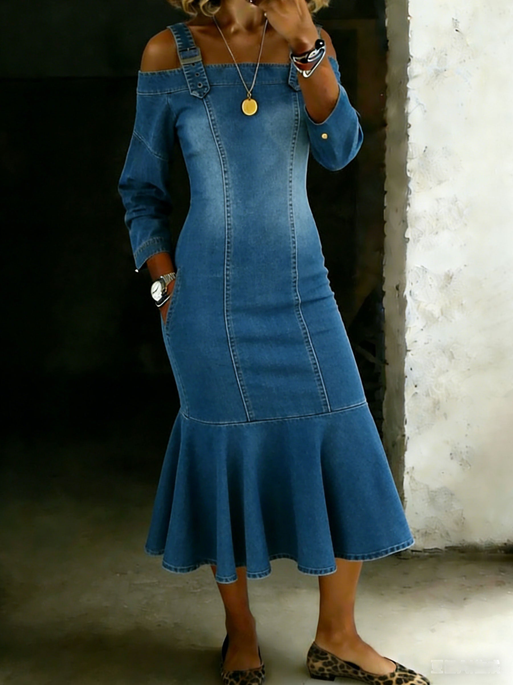 Women's Fit Long-sleeved Casual Off Shoulder Denim Dress