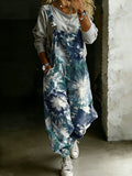 Women’s Vintage Blue Floral Art Print Casual One Piece Denim Jumpsuit
