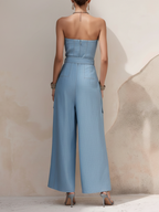 Light Blue Strapless Denim Wide Leg Jumpsuit With Belted Waist