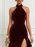 Burgundy Ruched Peplum Velvet Halter Sleeveless A-Line Gown Dress