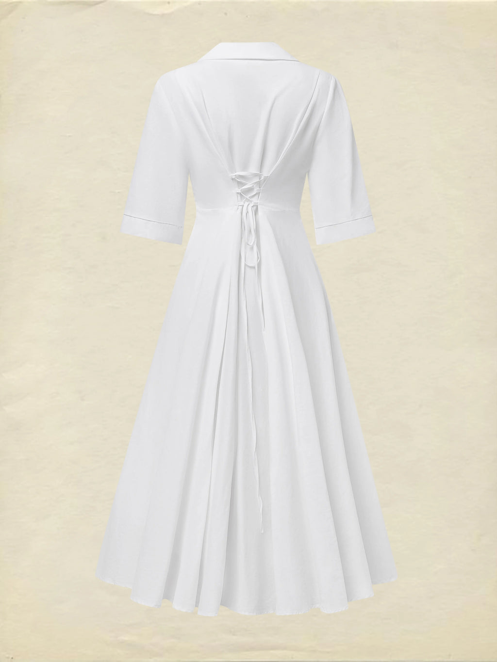Linen Maxi Dress, Half Sleeve, Shawl Collar, Plain, Vintage, White