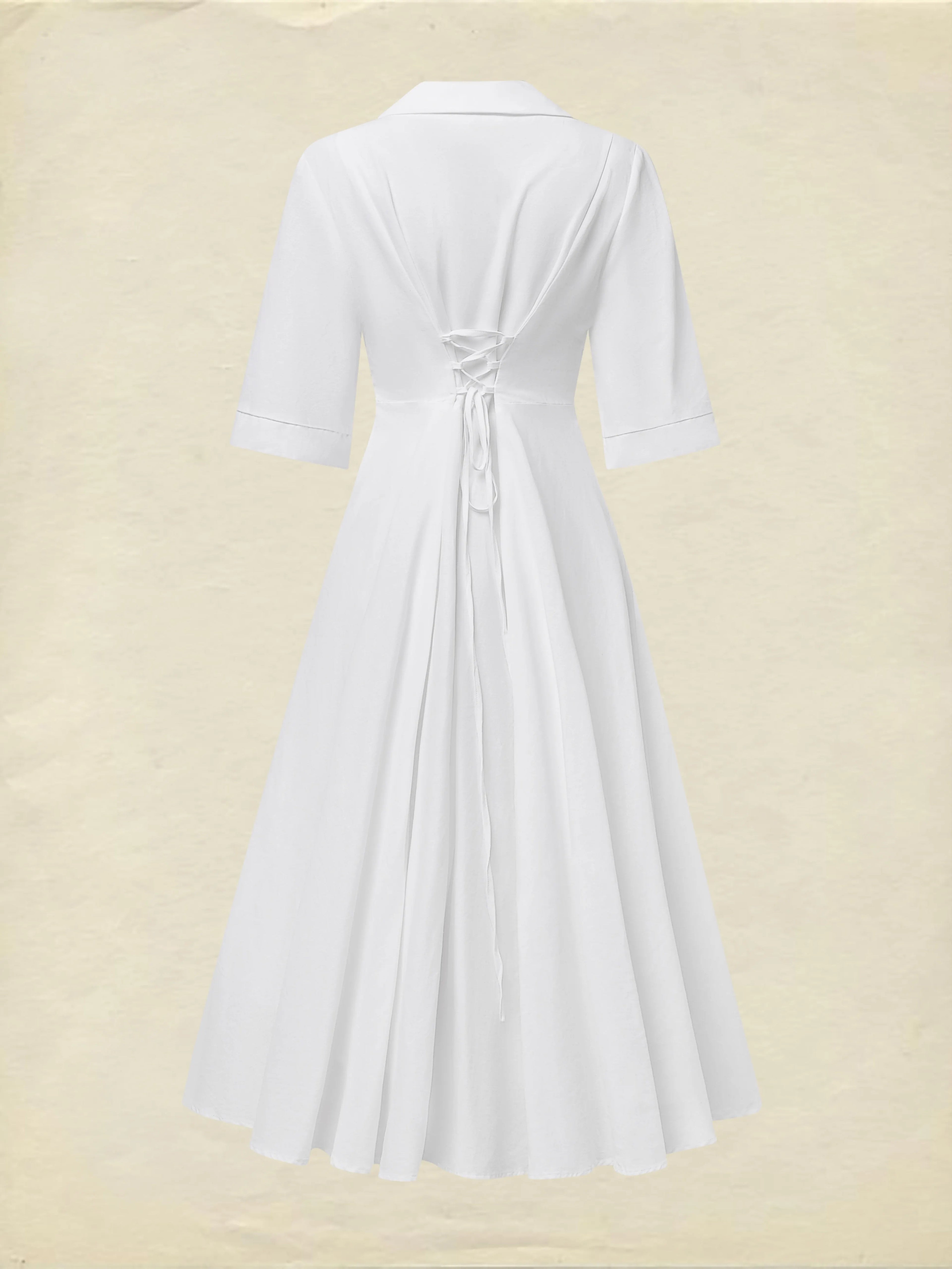 Linen Maxi Dress, Half Sleeve, Shawl Collar, Plain, Vintage, White