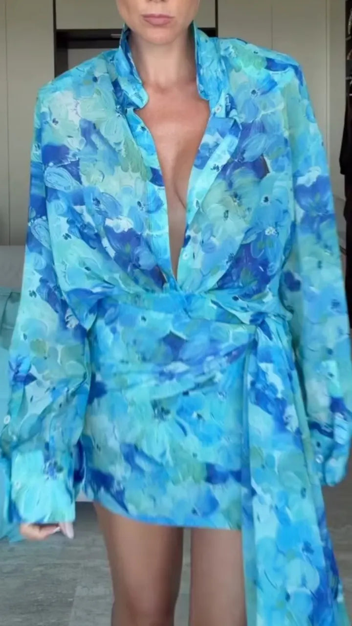 Blue Floral Wrap Shirt Mini Dress